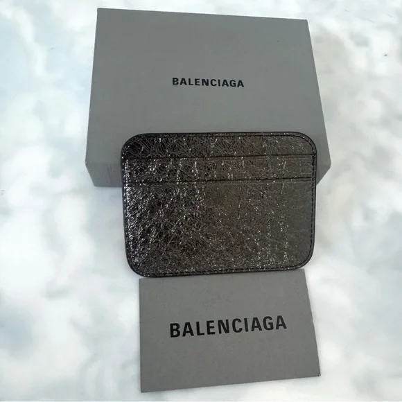 BALENCIAGA LOGO Metallic Silver Leather Credit Card Cash Cardholder Wallet NEW - Picture 5 of 14